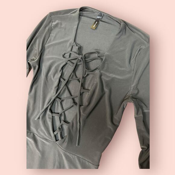 Black Lace Up Long Sleeve Bodysuit GoJane Small Tight Fitting Going Out Club - Picture 2 of 4